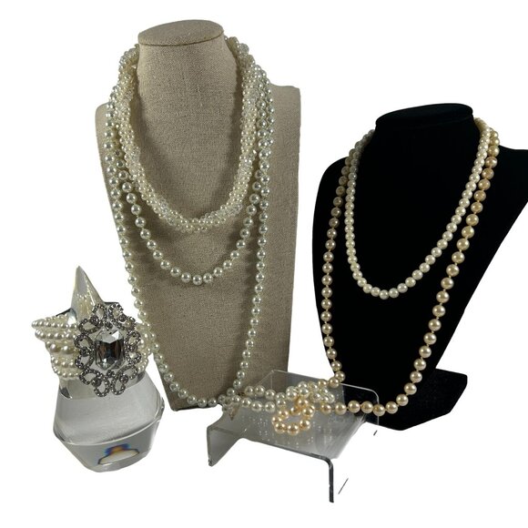 Lot 6 Pieces Faux Pearl Necklaces Stretch Bracelets Twisted Some Vintage - Picture 1 of 16